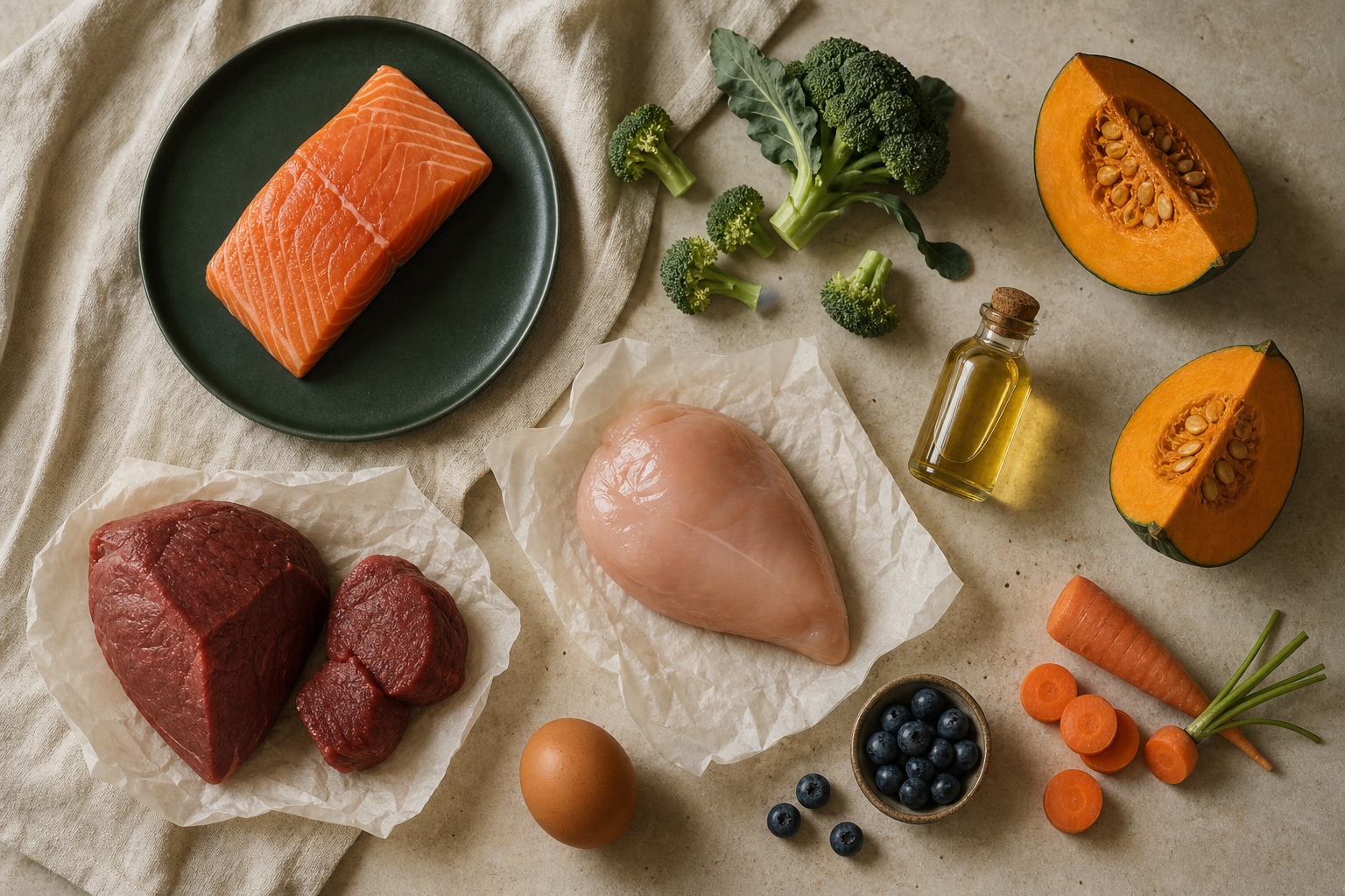 俯拍的食材陈列：墨绿色陶盘上的三文鱼、纸上的鲜切鸡胸、草饲红肉、南瓜、西兰花、蓝莓、胡萝卜、鸡蛋与鱼油