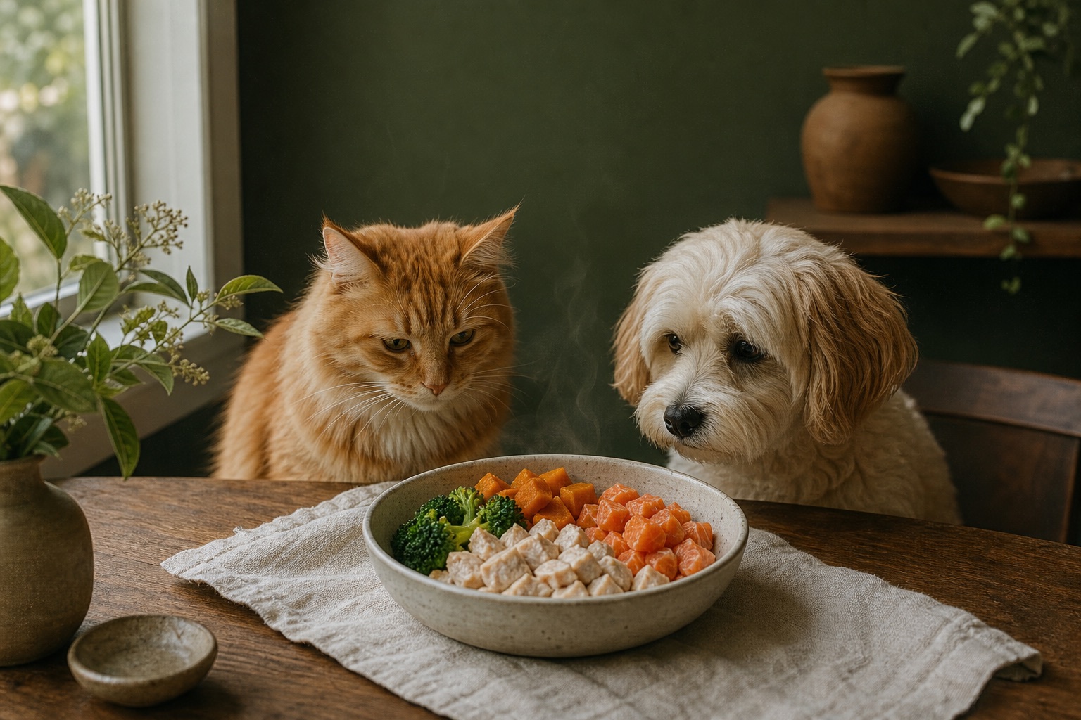 一只橘猫和一只奶油色小狗并排坐在木餐桌前，专注地看着面前一碗冒着热气的定制鲜食
