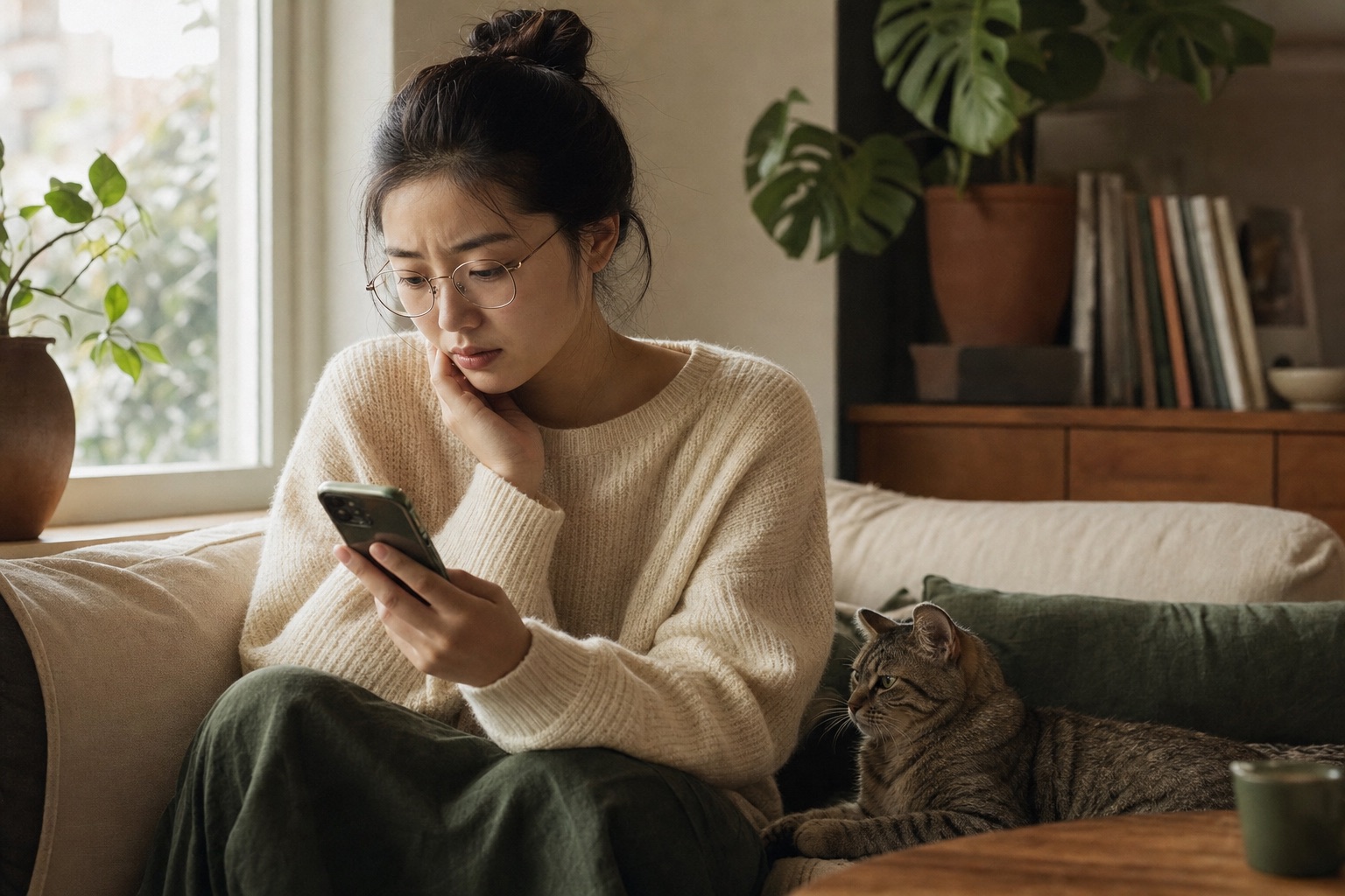 一位戴眼镜的年轻女士坐在窗边沙发上认真查看手机里的宠物营养资料，身旁卧着一只虎斑猫