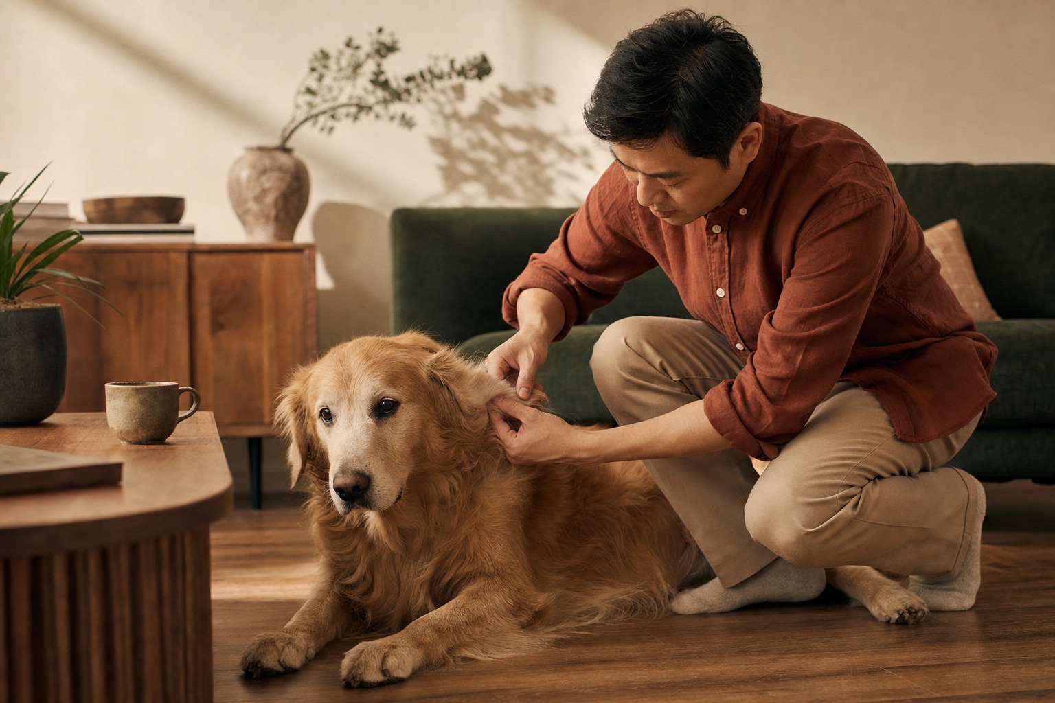 一位穿赭红色衬衫的男士蹲在客厅里，细心查看年迈金毛犬的毛发和皮肤状态