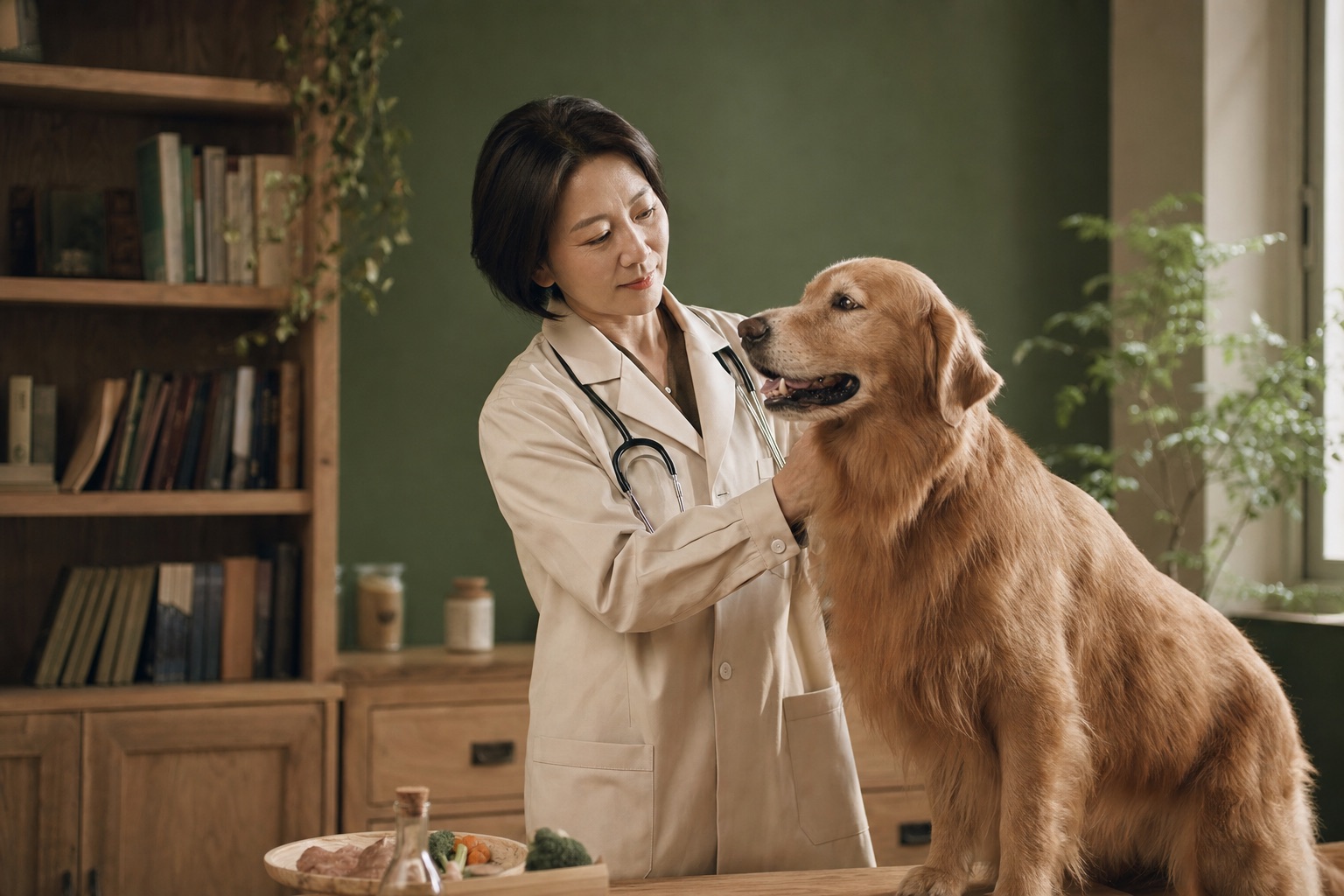 一位身穿米色白大褂的兽医营养师在温暖的诊室里安抚一只金毛犬，身后是木质书架与绿植